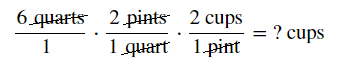 The image shows a unit fraction 6 quarts over 1, times, 2 pints over 1 quart, times, 2 cups over 1 pint, equals, question mark cups. All units except for cups are crossed out.